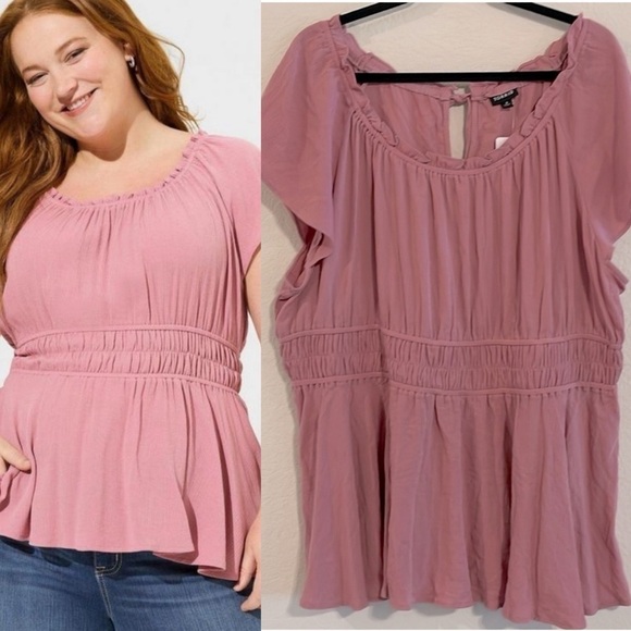Torrid Women Peplum Top 3X Pink Tie Back Stretch Ruched Waist Short Sleeve - Picture 1 of 17